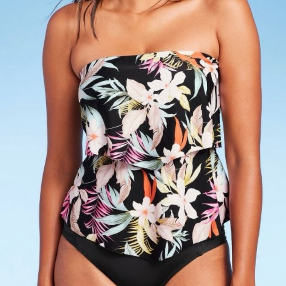 NEW Kona Sol Black Tropical Print Tiered Bandeau
Tankini Swim Top L